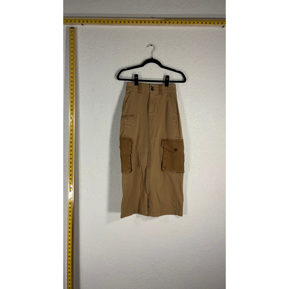 SO Goods For Life Tan Cargo Midi Skirt Womens XS Khaki Utility Front Slit Cotton